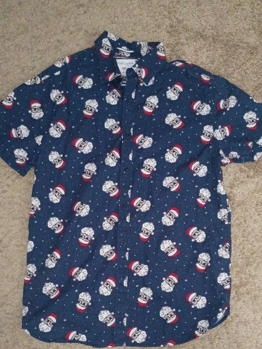 Denim & Flower Navy Blue Short-Sleeve Santa Face Print Button-Down Shirt